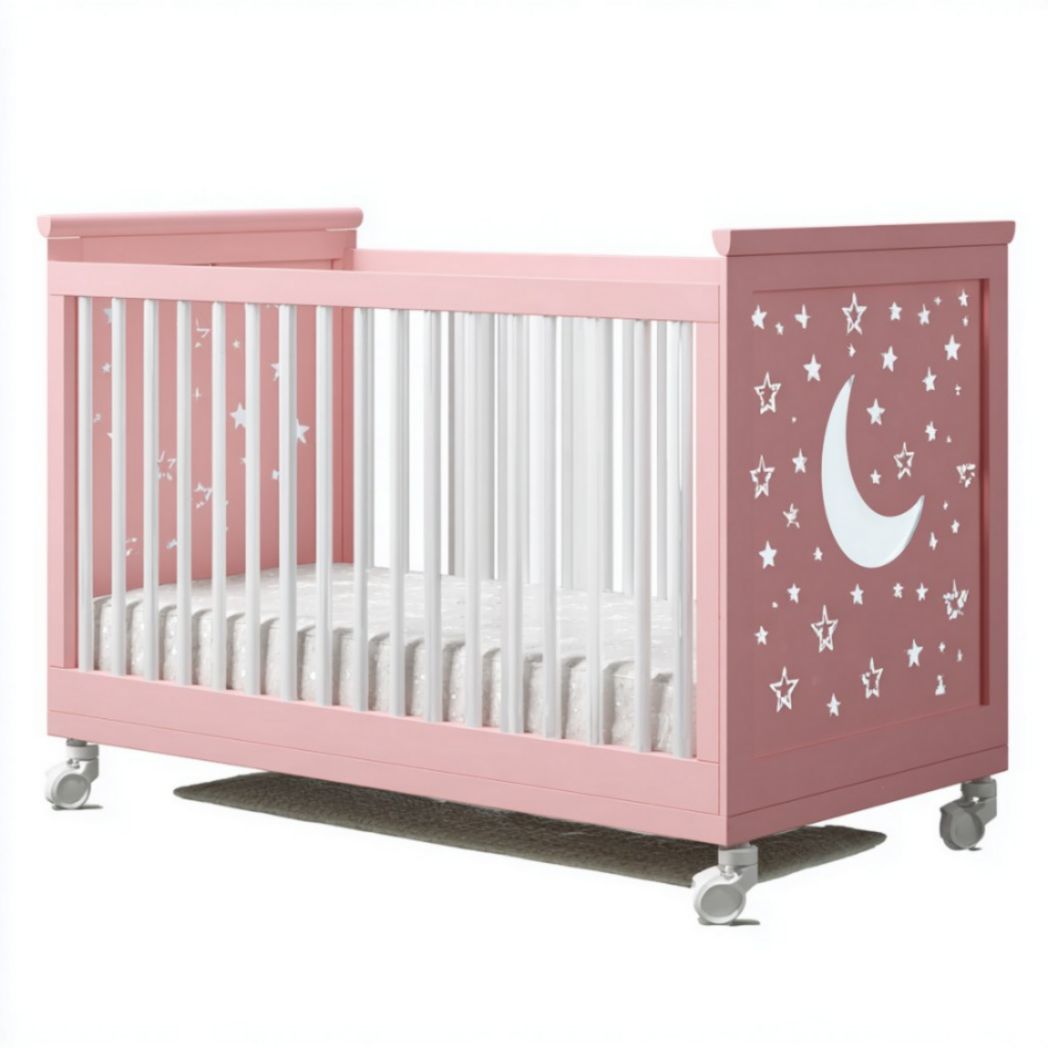 Culla rosa con decorazioni luna e stelle e ruote girevoli