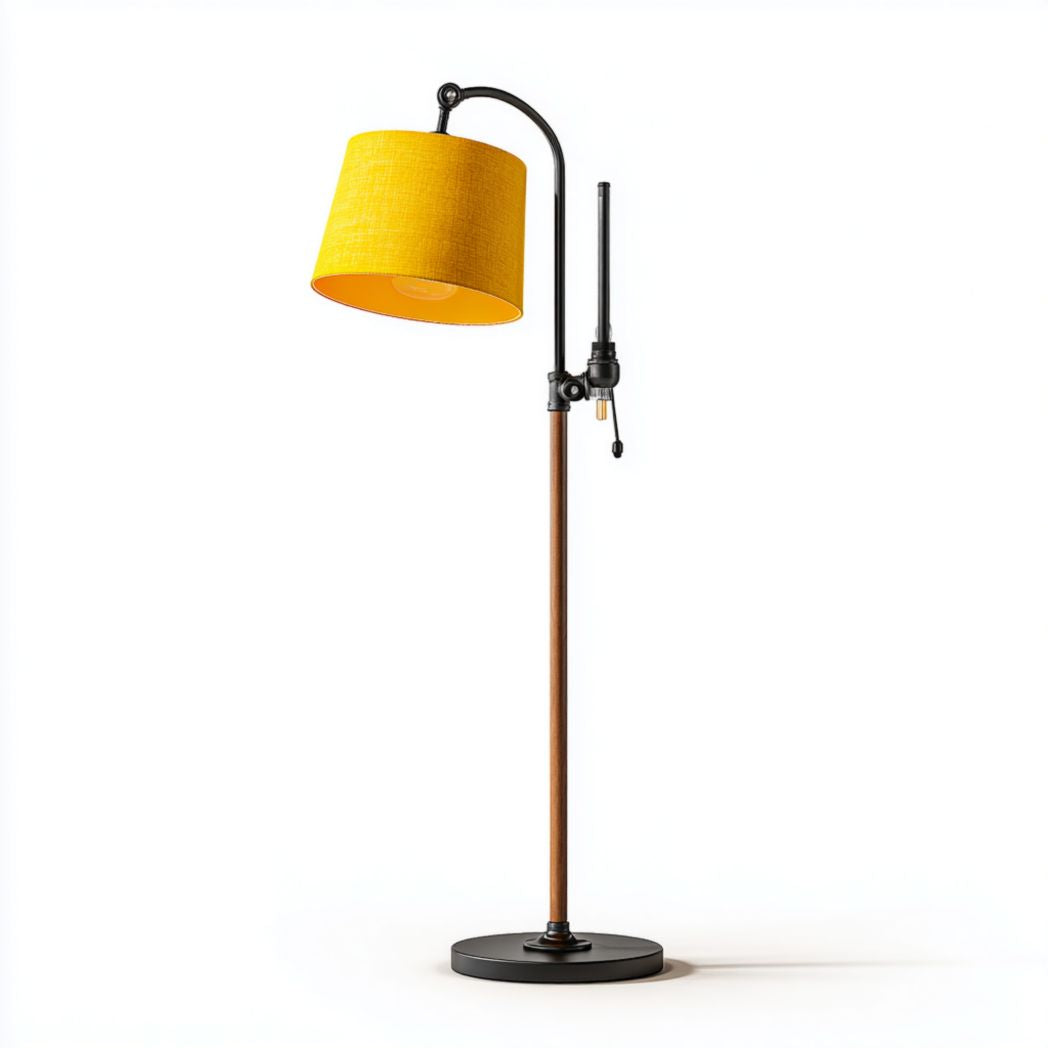 Lampada da terra con struttura in metallo nero e paralume in tessuto giallo regolabile