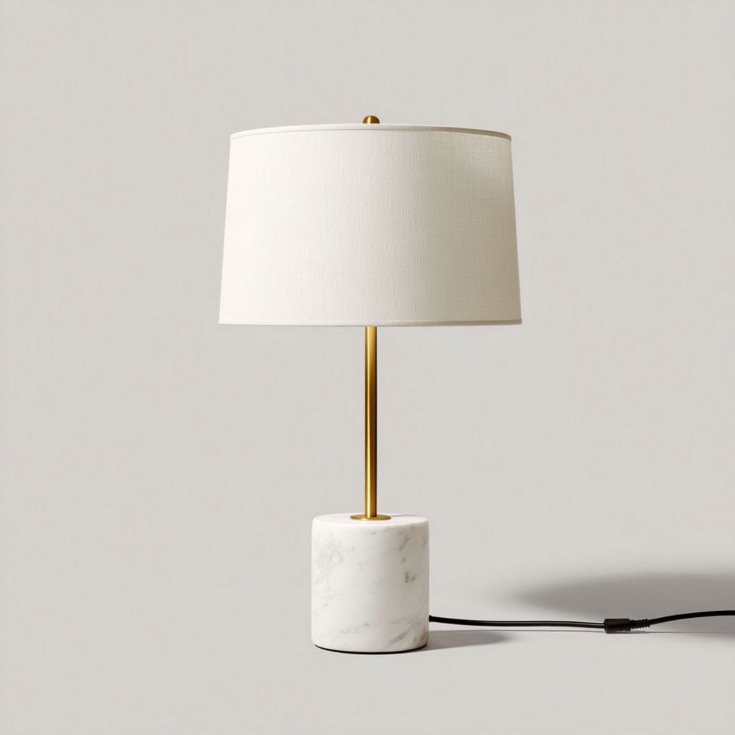 Lampada da Tavolo con Base in Marmo Bianco e Paralume in Tessuto, Astina in Metallo Dorato