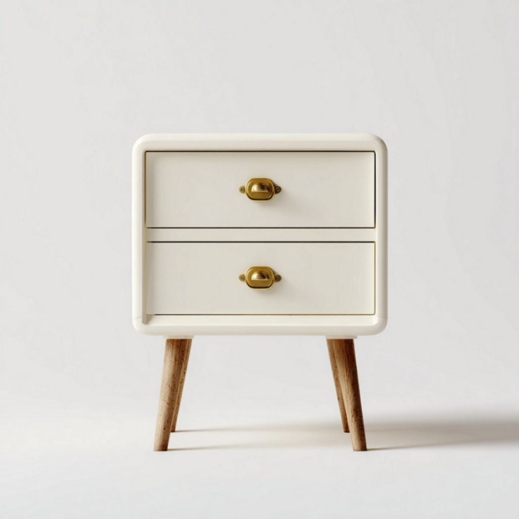 Comodino con due cassetti e gambe in legno